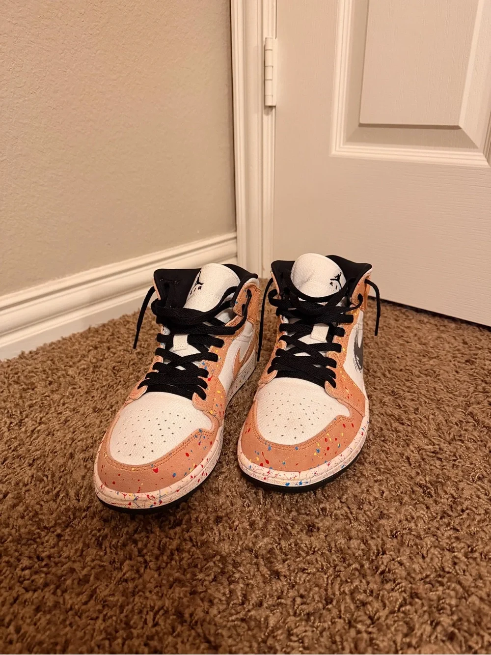 Jordan Kids High-Top Sneakers in White, Tan & Black with Multicolor Splatter